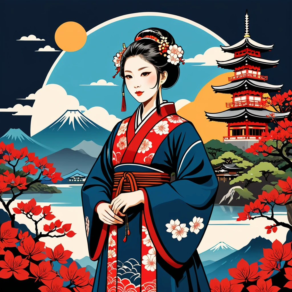 bard in japan folk outfit, vector graphics, strong contours, logo design