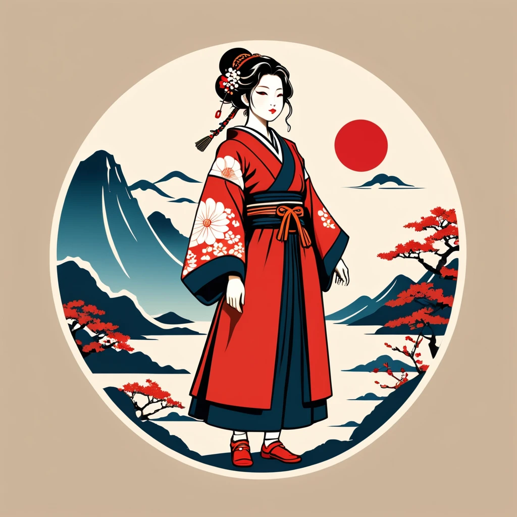 bard in japan folk outfit, vector graphics, strong contours, logo design
