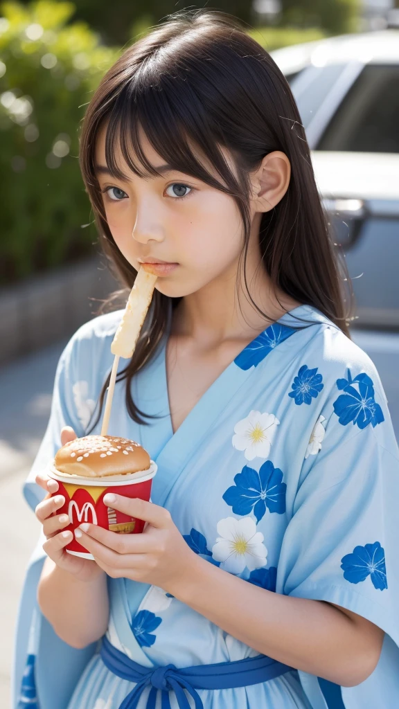  girl　Japanese　Light blue yukata　Realistic Skin　eating McDonald's Big Mac