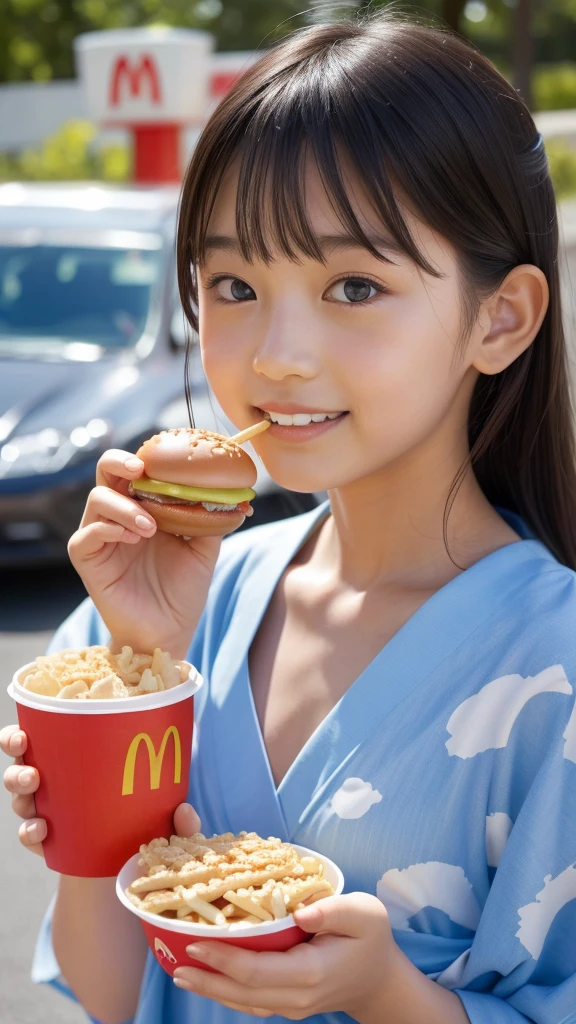 11 year old girl Japanese Light blue yukata Realistic Skin eating McDonald's Big Mac