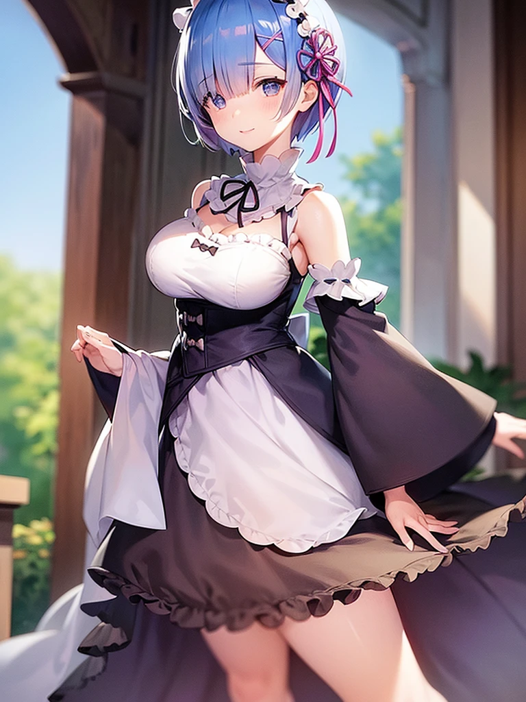 Re:Zero、Rem、hair over right eye、Gentle smile、Round hairstyle、short hair、Gentle smile、Round hairstyle、short hair、Soft looking breasts、Showing her panties、
