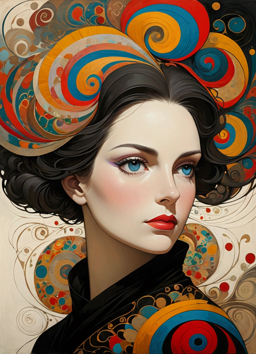 Imitating Alex Howitt (Alex Howitt) style of,style of santiago caruso,Abstract painting of a woman, Colorful swirls on the face, portrait, Beautiful and expressive,(masterpiece), (best quality), (Super Detail),
