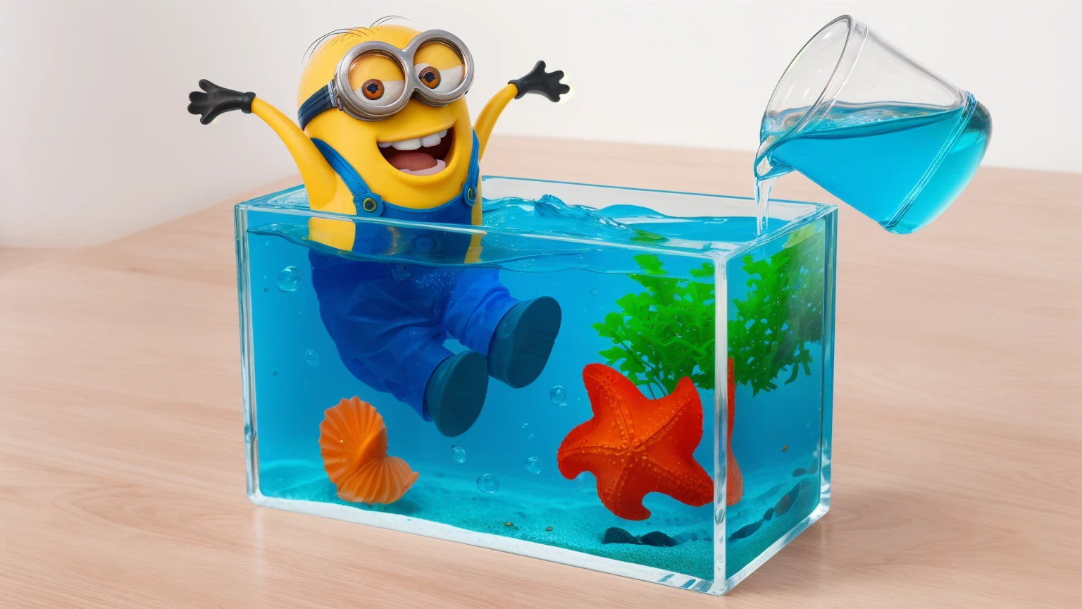 on a wooden table, there is a glass aquarium with blue water, a minion sitting in an aquarium, plastic red starfish in the aquarium, orange plastic shell and plastic green algae . water is poured from a measuring cup into an aquarium, against the background of the kitchen .beautiful lighting, Beautiful sunlight, realistic style , realistic texture, detailed texture, a high resolution, high quality, ultra hd 4k 