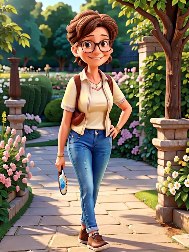 59 year old woman, very smiling, full, glasses,short light brown hair, with jeans tennis loose blouse ,painting a picture, in a garden amolio,,