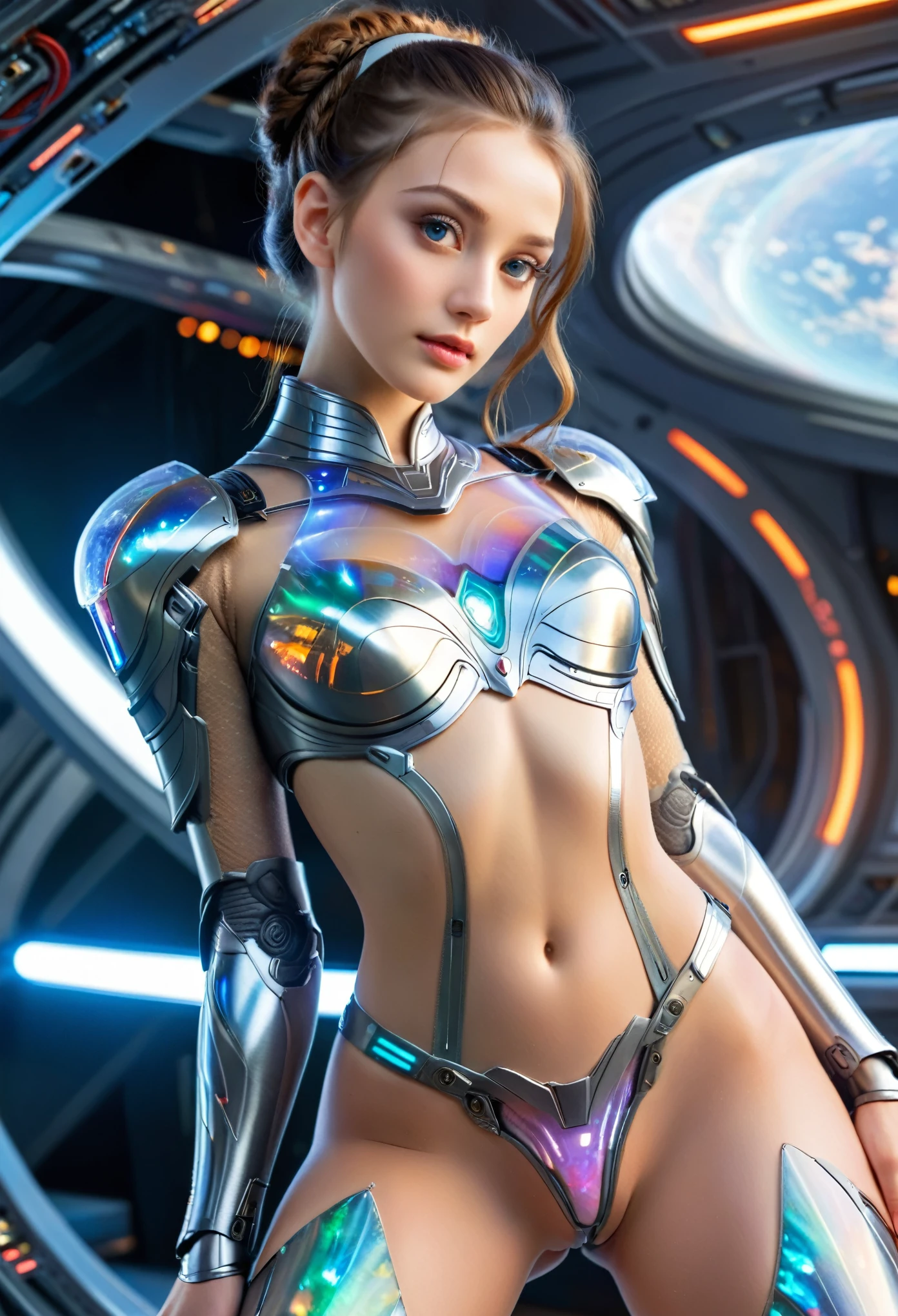(best quality,4k,highres,masterpiece:1.2),ultra-detailed,(realistic,photorealistic:1.37), 1 extraordinarily beautiful android princess, (sci-fi futuristic transparent armor:1.7), extraordinarily sexy, expressive, seductive face, ral-opal, (whole body:1.2), (full body, standing on a spaceship:1.4), cameltoe, beautiful detailed eyes, beautiful detailed seductive lips, extremely detailed erotic face and eyes, long eyelashes, hkstyle, hair updo, HDR, UHD, studio lighting, ultra-fine painting, sharp focus, physically-based rendering, extreme detail description, professional, vivid colors, bokeh, sci-fi, concept art, hair band, (transparent:1.4) (beautiful long legs, beautiful thighs:1.5), (seductive posing:1.1), (erotic posing:1.1), (Dakota Fanning:0.1), (Julia Roberts:0.2)