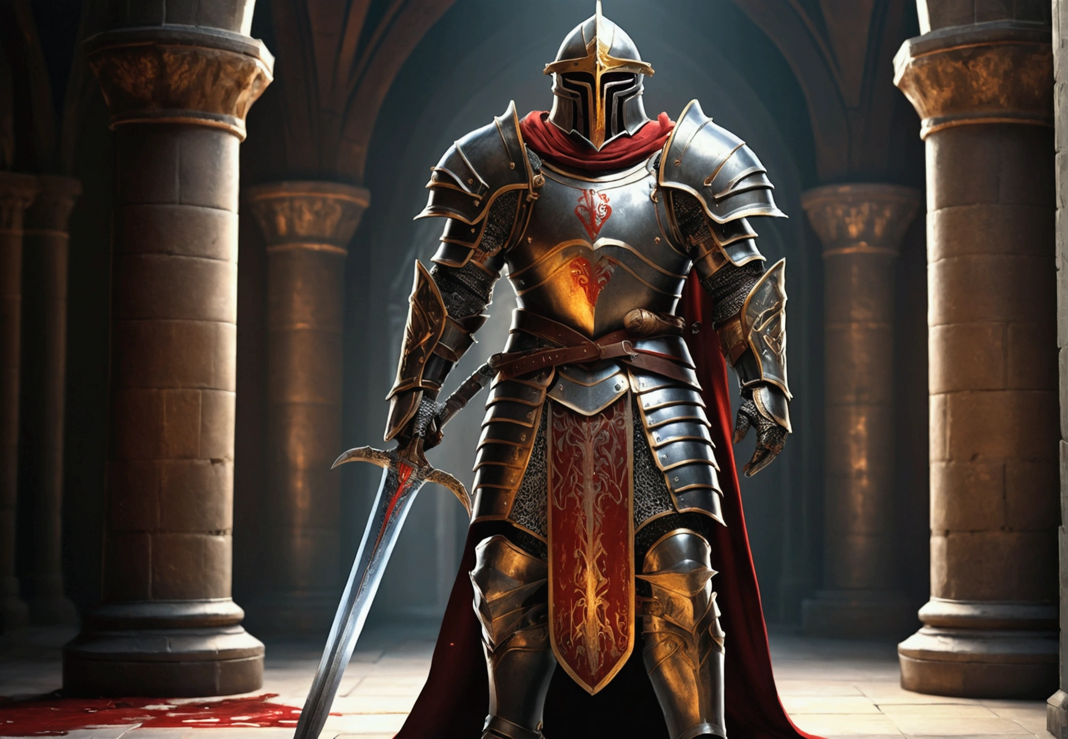 A man in armor stands in the hall with a sword, Full-body portrait of a magic knight, Ares in heavy armor and with a sword, Fantasy warrior in armor, Paladin's Golden Armor,Helmet with huge horns,Glowing blood red eyes,For Honor character concept art, knight in red armor, Epic Paladin Armor, Holy Crusade Medieval Knights,Full body photo