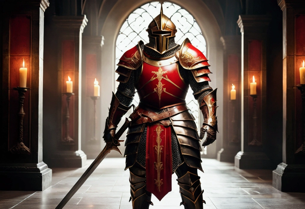 A man in armor stands in the hall with a sword, Full-body portrait of a magic knight, Ares in heavy armor and with a sword, Fantasy warrior in armor, Paladin's Golden Armor,Helmet with huge horns,Glowing blood red eyes,For Honor character concept art, knight in red armor, Epic Paladin Armor, Holy Crusade Medieval Knights,Full body photo