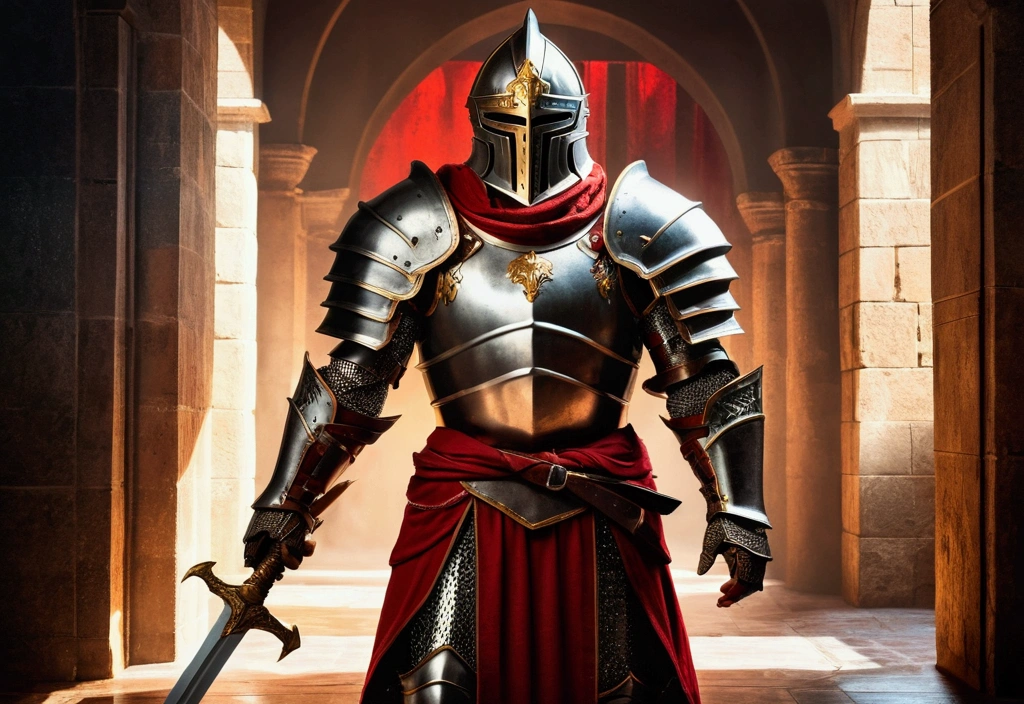 A man in armor stands in the hall with a sword, Full-body portrait of a magic knight, Ares in heavy armor and with a sword, Fantasy warrior in armor, Paladin&#39;s Golden Armor,Helmet with huge horns，Glowing blood red eyes，For Honor character concept art, knight in red armor, Epic Paladin Armor, Holy Crusade Medieval Knights，Full body photo