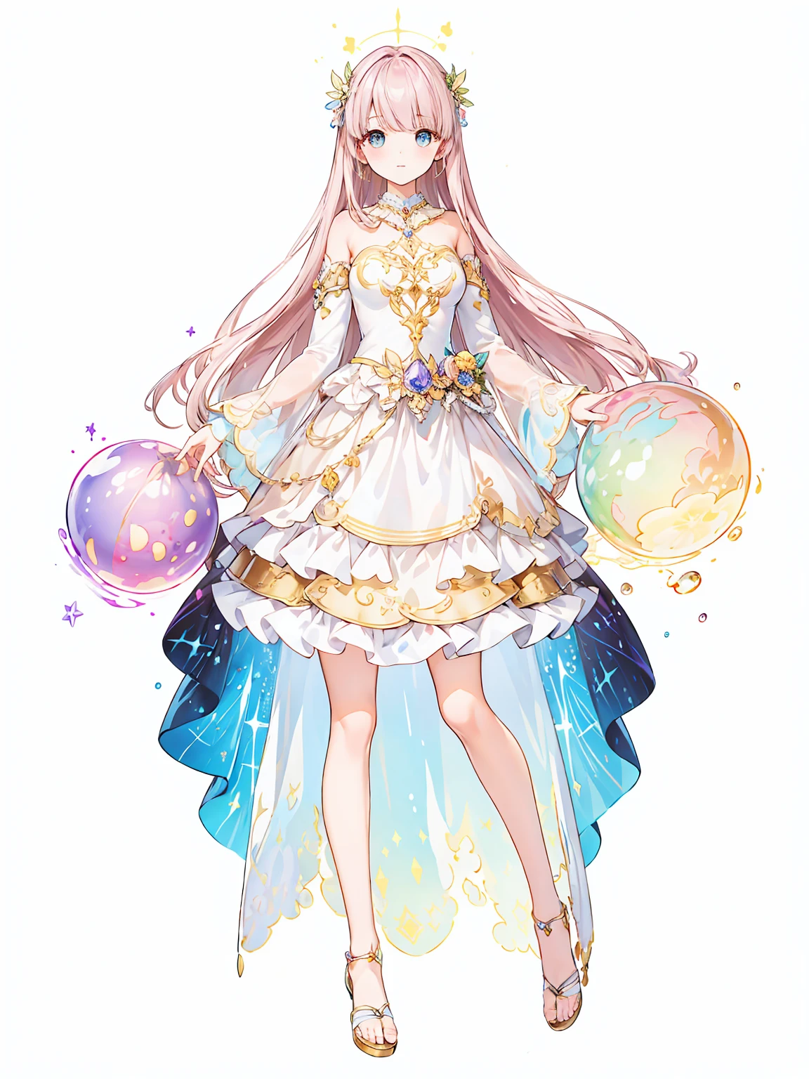 Full body ,dynamic Standing ,(realistic:1.37)、Full body ,(Masterpiece),Masterpiece, best quality, 8K resolution, Sharp focus, complicated details, beautiful girl, sparkling eyes, golden ratio face, liquid from another world, watercolor, pastel colors, Bright colors, strange, colorful, Sharp focus, high resolution, great details, ((Long, tiered, puffy sleeved ball gown.)), ((round eyes)), rainbow bubbles, fantasy backgroundfull body , white background , (Full body:1.5), Blank white background, (white background), Transparent background, looking down, ((masterpiece, illustration, best quality))
