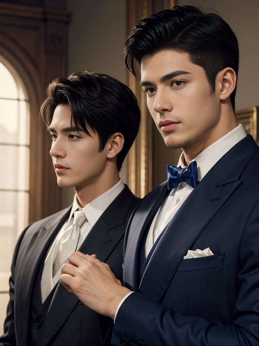 ((masterpiece)),((best quality)),8K,high detail,Very detailed, Very manly，3 men, like，fashion pose, Realistic skin texture, Light,
Royal blue style couple，Perfect hand details