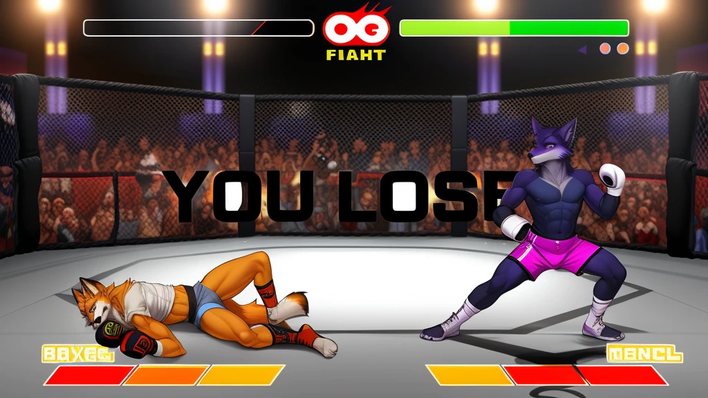 a detailed picture of a boxing match (male anthros, two boy), slim body, slim features, in a boxing ring, Ross Tran, ruan jia, trending on artstation, foxovh,User Interface of Fighting game, Crisis, assorted poses, assorted expression, full body, sound effects, motion blur, from side, ((fox, blue shorts, knocked out on the floor)), (((purple wolf, white shorts, boxing pose))) “VS”