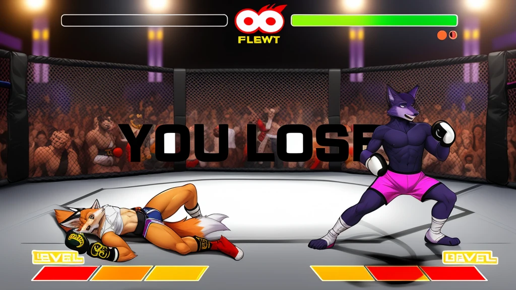 a detailed picture of a boxing match (male anthros, two boy), slim body, slim features, in a boxing ring, Ross Tran, ruan jia, trending on artstation, foxovh,User Interface of Fighting game, Crisis, assorted poses, assorted expression, full body, sound effects, motion blur, from side, ((fox, blue shorts, knocked out on the floor)), (((purple wolf, white shorts, boxing pose))) “VS” 