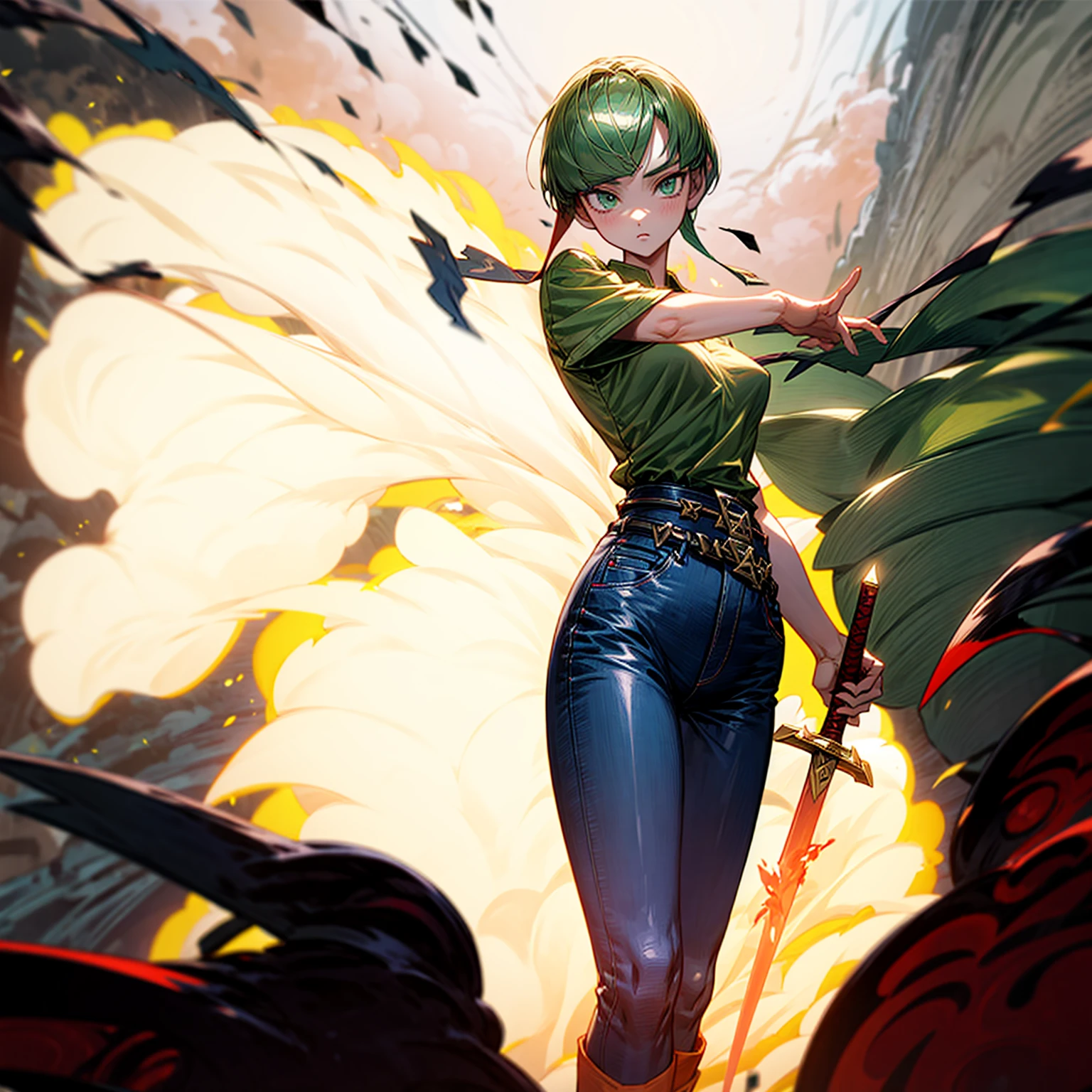 1girl, Full body version, 1character, green eyes, short haircut, (green color hair), undershirt style clothing, red colour clothing, jeans, belt, boots, Grassroots, full background in street city, (motion blur), (detective conan style art), sword in hand, fire effect on sword, lighting effect on sword, fire effect, blood on sword, smoke effect, fire effect
