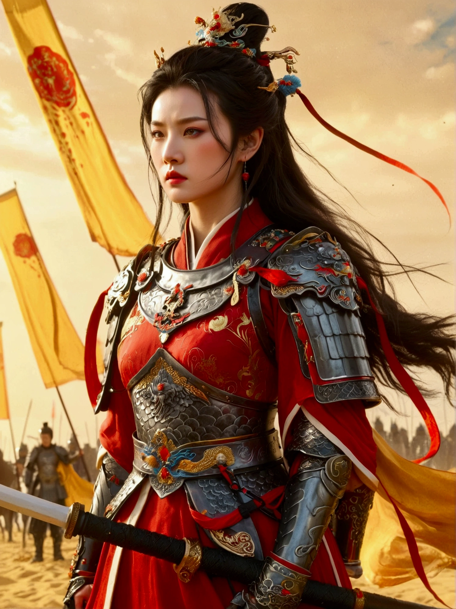 Chinese, Ancient battlefield, Chinese female general, holding a sword in her hand, Serious expression, whole body, Stunning facial features, Red robe, armor, boots, Yellow sand in the sky, Fire, Game Model, Stunning lighting, OC Rendering, Rim Light, Exquisite lighting, Very detailed, Epic creation, Ultra HD, best quality, masterpiece, high quality, 8k