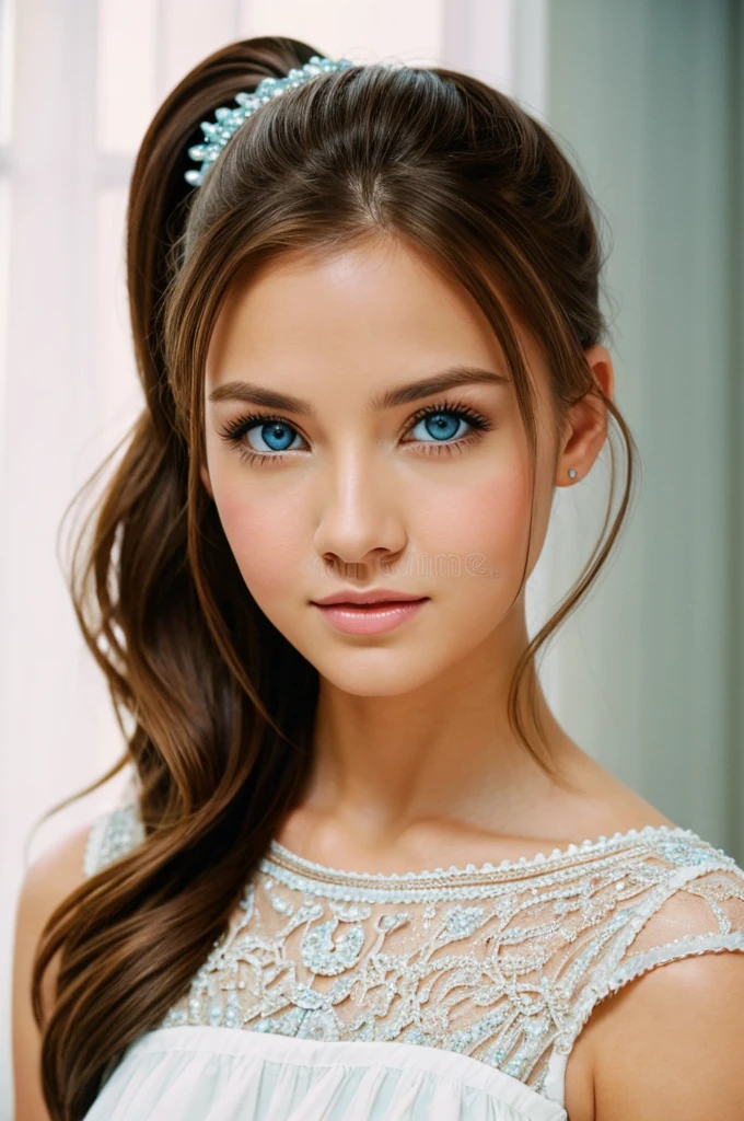 brown hair ,　blue eye , Ponytail Hair Set　Celebrity Party、The most beautiful woman in a bright space　Wearing a dress 　Party Dresses　Cosmetic Beauty　Beauty　Beautiful woman　 young woman　Beauty　 Film Stock Photos ,4. Kodak Portra 400 ,Camera F1.6 Lenses ,,Hyper-realistic ,Realistic texture, Dramatic Lighting , Cinestill 800,Beautiful womanの高精細RAW写真繊細　スタジオライトyoung woman　High Resolution Studio Light Studio Light　Caucasian　French　Italian　Ukrainian　Swiss