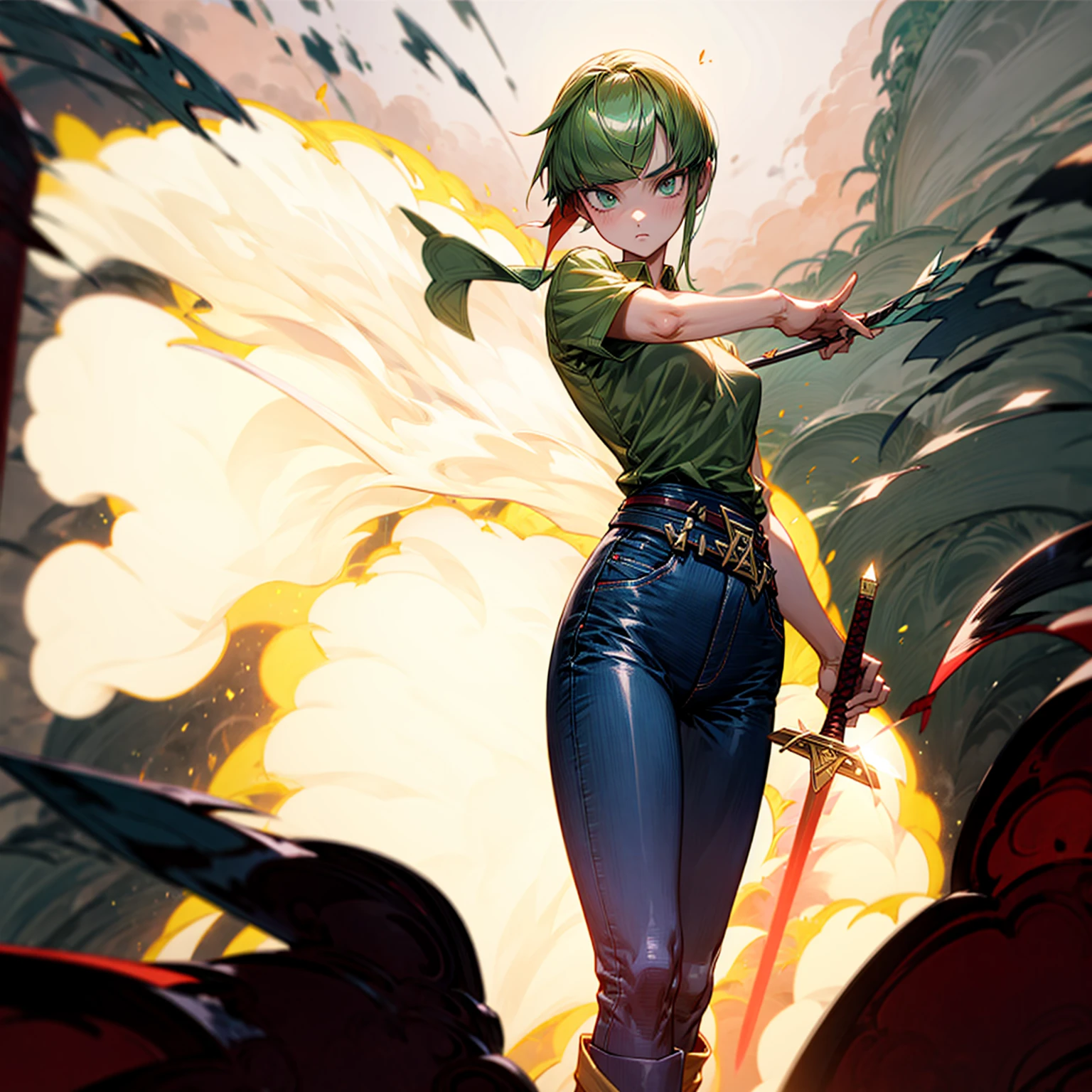 1girl, Full body version, 1character, green eyes, short haircut, (green color hair), undershirt style clothing, red colour clothing, jeans, belt, boots, Grassroots, full background in street city, (motion blur), (detective conan style art), sword in hand, fire effect on sword, lighting effect on sword, fire effect, blood on sword, smoke effect, fire effect