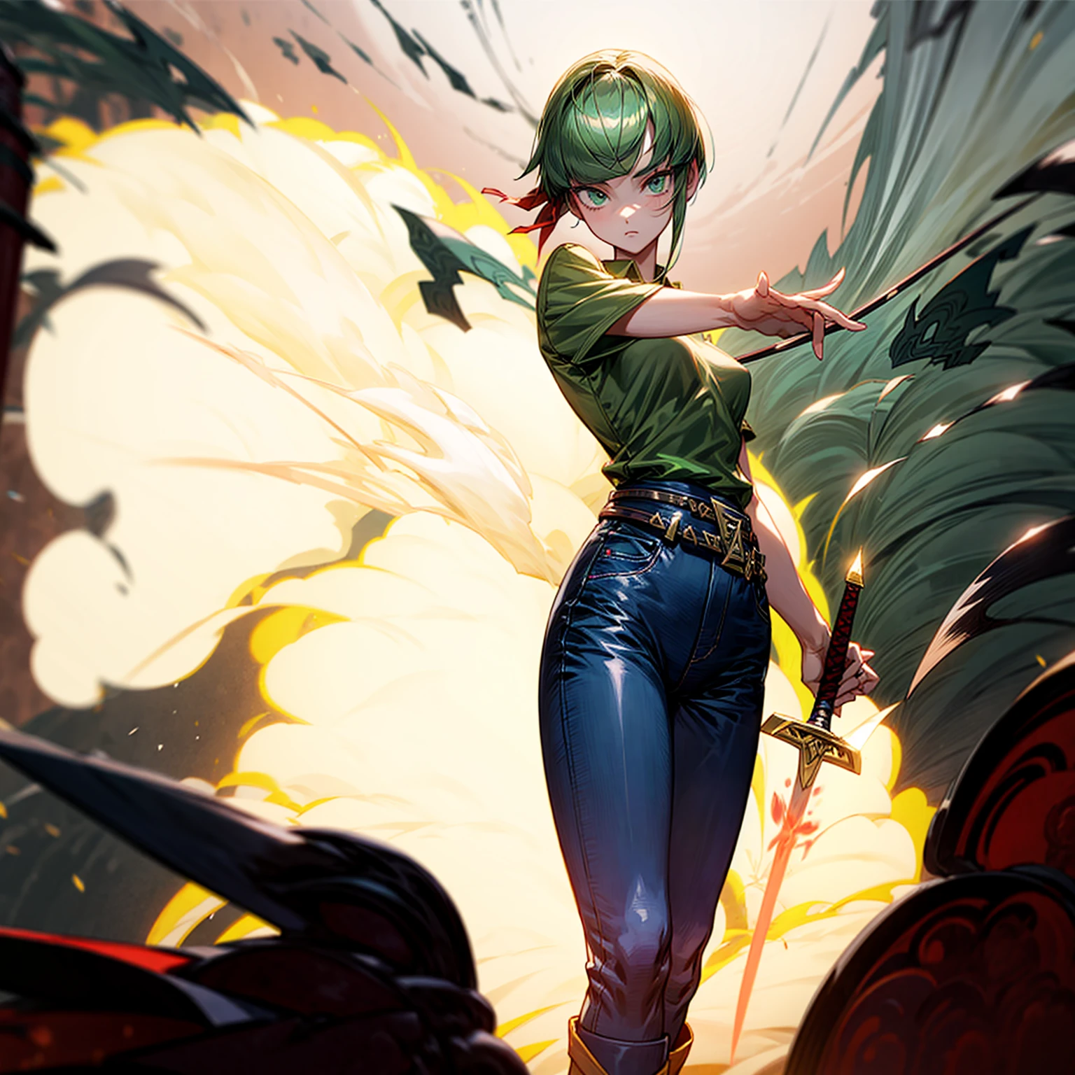 1girl, Full body version, 1character, green eyes, short haircut, (green color hair), undershirt style clothing, red colour clothing, jeans, belt, boots, Grassroots, full background in street city, (motion blur), (detective conan style art), sword in hand, fire effect on sword, lighting effect on sword, fire effect, blood on sword, smoke effect, fire effect