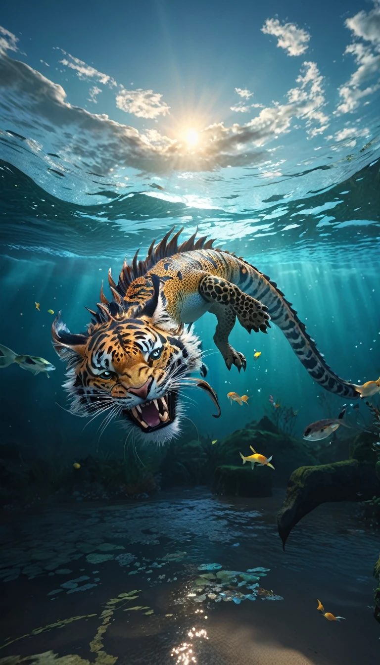 水中有一种Fantasy Creatures(best quality,4K,8k,High level,masterpiece:1.2),Ultra Detailed,(lifelike,Photo real,Photo real:1.37),Highly detailed animals,Complex patterns,Realistic lighting,Fantasy Creatures