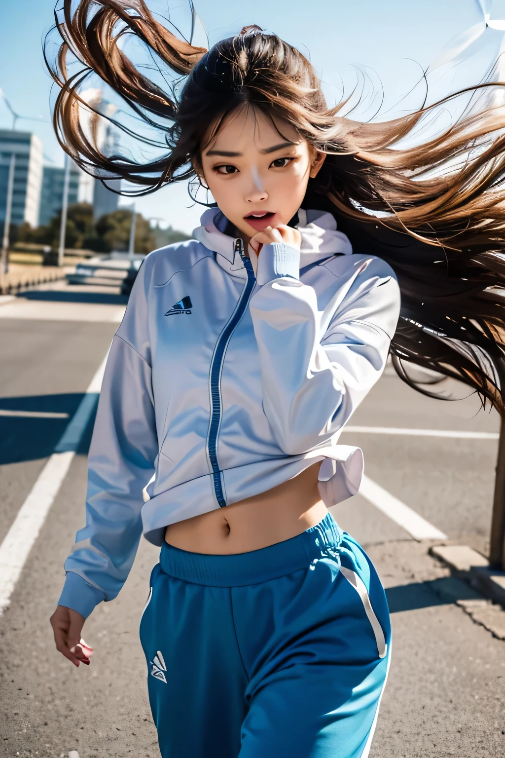 Beautiful woman jogging in blue tracksuit and sweatpants. A tri-colored tabby cat jumps and clings to take off her sweatpants. Until you see white panties, (blown by the wind:1.5), ((road)), (cowboy shoot:1.4), (perfect hand, inch details):1.5