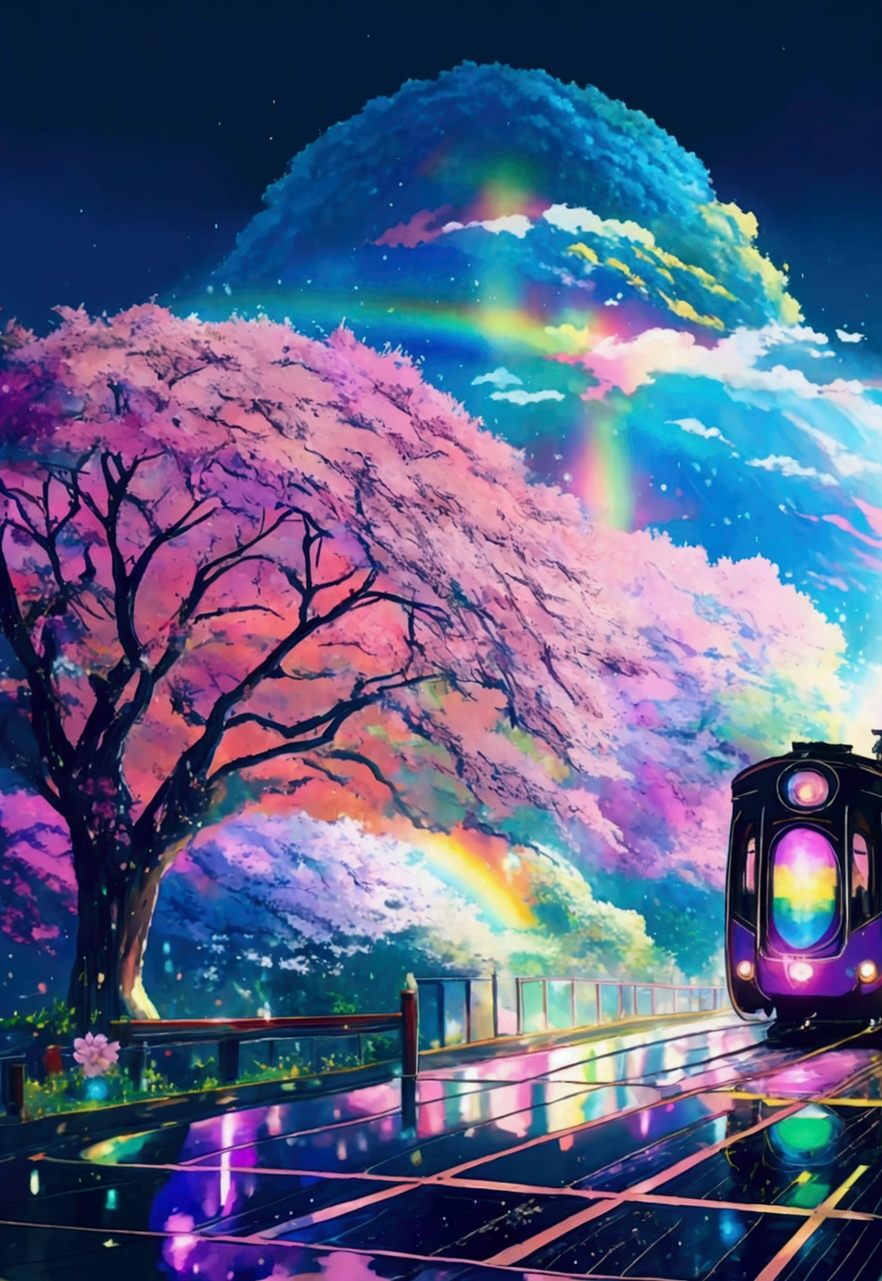 A linear motor car running on rainbow-colored tracks,colorful,beautiful flower,wonderful景色,Utopia,An atmosphere full of dreams and hope,masterpiece.16K, Ultra-high resolution, Ultra-high resolution, to be born,wonderful ,future、Iridescent、The world 30 years from now。