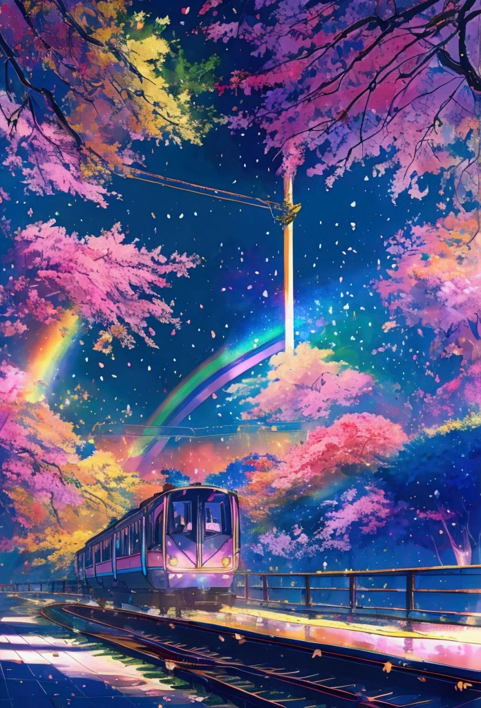 A linear motor car running on rainbow-colored tracks，colorful，beautiful flower，wonderful景色，Utopia，An atmosphere full of dreams and hope，masterpiece．16K, Ultra-high resolution, Ultra-high resolution, to be born,wonderful ,future、Iridescent、The world 30 years from now。