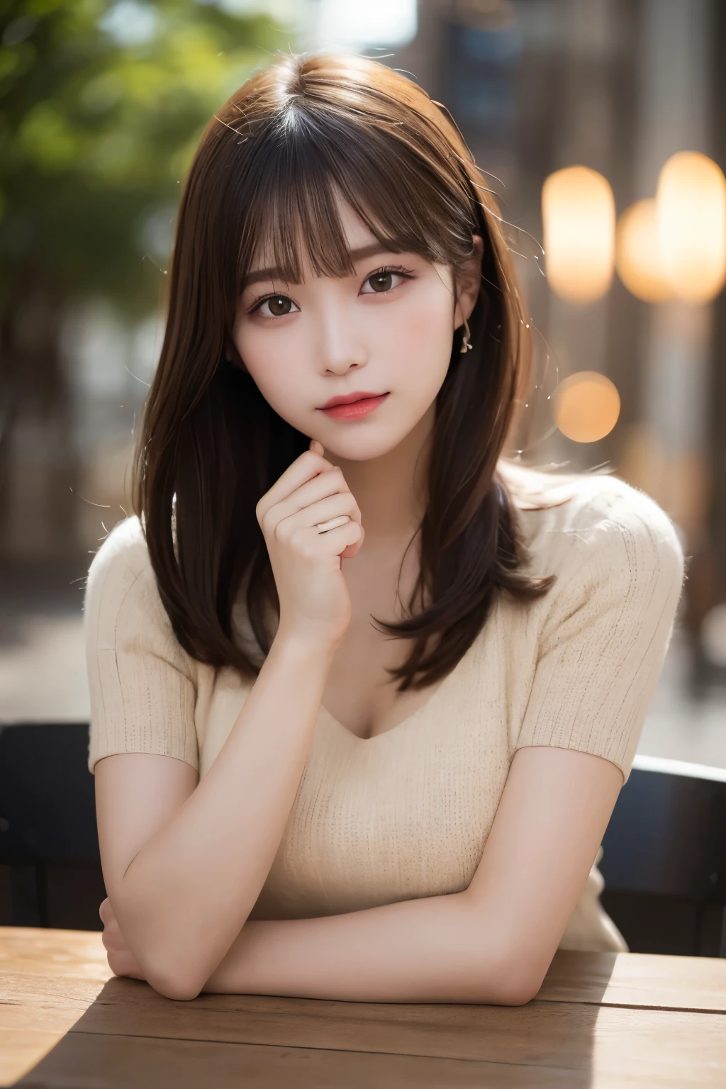 In detail, High resolution, high quality、Perfect dynamic composition, Beautiful attention to detail, Medium Hair, 、Natural color lip,Kamimei、Shibuya Ward、18-year-old girl、1 person、Clear Skin、Shiny Hair、Tabletop, 最high quality, figure, Very detailed, In detail, High resolution, 8k、The correct state of the human body、Randomly cute poses,ponytail,Beautiful feet,Perfect beautiful face,KPOP idol faces,Ecstatic face,Light beige knit dress,Background Blur,Make a fist pump, Large Breasts, The body is slim,