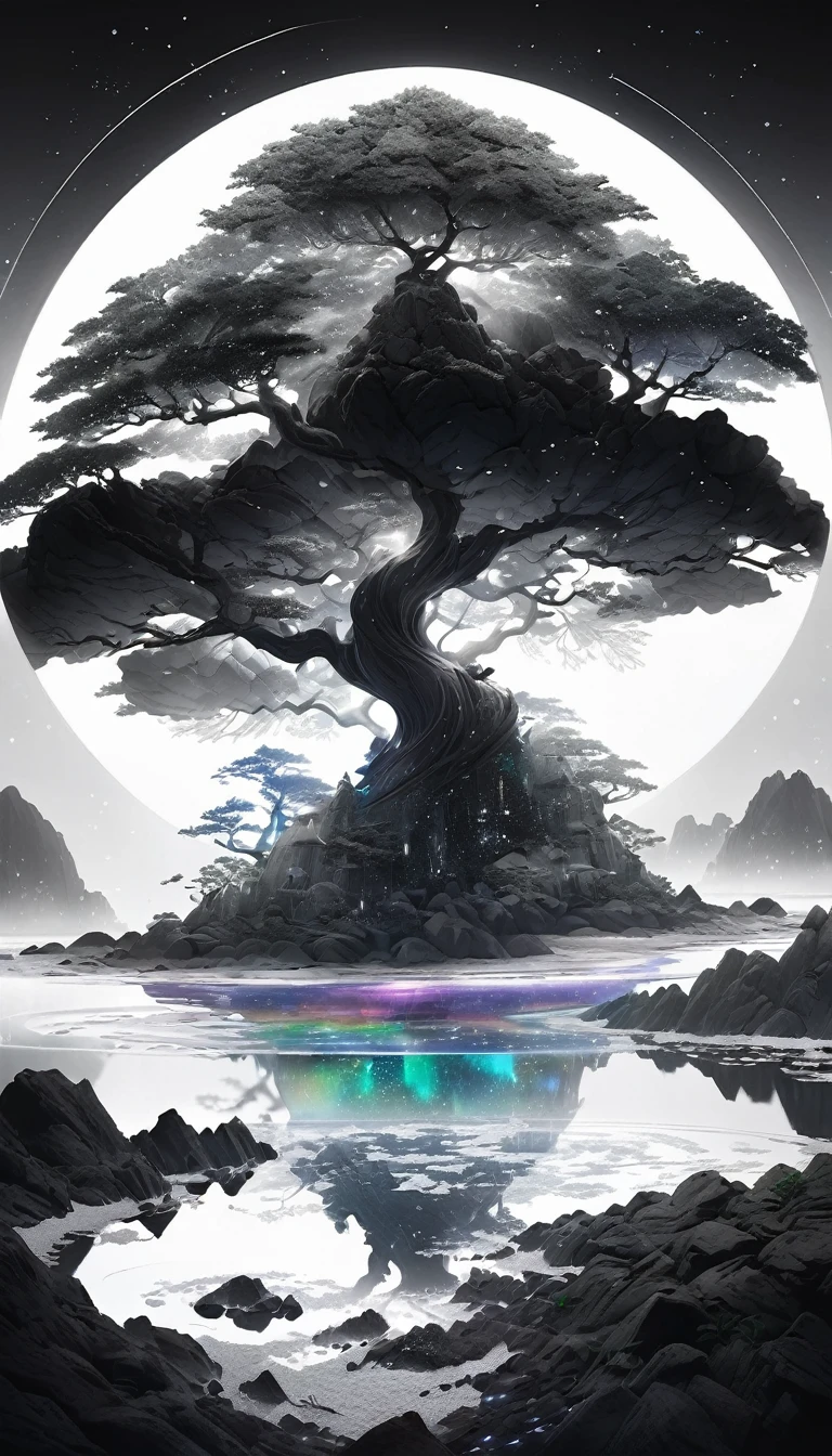 NSFW:1.5, a girl, Super detailed, Super complicated, Extremely precise, An island that emits a mysterious light, Transparent full , Holographic shine and reflection, Pursuit of the expressive power of mystical radiance, BREAK Mysterious Plants, Detailed and precise, Colorful fruits, The charm of fresh greenery, Detailed and delicate brushwork combined with aesthetic  balance, BREAK Mysterious Rock, Inorganic silence, Detailed and realistic texture, Solitary Philosophy, BREAK Mysterious Water, Extremely high transparency, Detailed and attractive liquid texture, Source of life, Absolute aesthetics that transcend human reason, BREAK Mysterious Beach, Tiny grains of sand, Top quality sand, BREAK A fantastical island shrouded in mist, Accumulation of Mysteries, Mysterious light pours in, dramatic cinematographic lighting, Realistic, Cinematic composition, Dynamic Perspective, BREAK (((Full-color image center, A monochrome world that spreads around the circumference, Emphasizing the mysticism of the island depicted in the center))), BREAK A work of art that depicts a highly mysterious island with ultimate aesthetics, Super Retina,