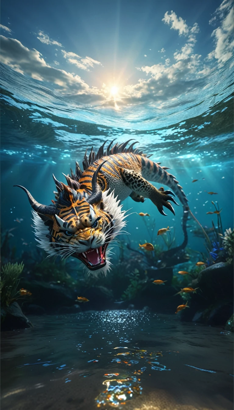 水中有一种Fantasy Creatures(best quality，4K，8k，High level，masterpiece：1.2），Ultra Detailed，（lifelike，Photo real，Photo real：1.37），Highly detailed animals，Complex patterns，Realistic lighting，Fantasy Creatures