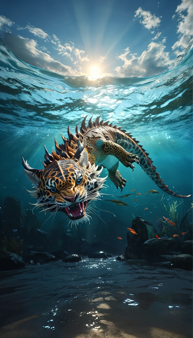水中有一种Fantasy Creatures(best quality,4K,8k,High level,masterpiece:1.2),Ultra Detailed,(lifelike,Photo real,Photo real:1.37),Highly detailed animals,Complex patterns,Realistic lighting,Fantasy Creatures