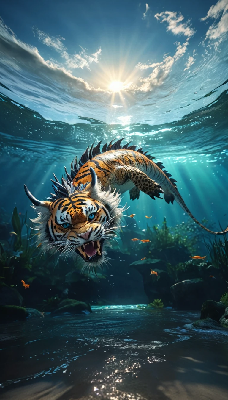 水中有一种Fantasy Creatures(best quality,4K,8k,High level,masterpiece:1.2),Ultra Detailed,(lifelike,Photo real,Photo real:1.37),Highly detailed animals,Complex patterns,Realistic lighting,Fantasy Creatures