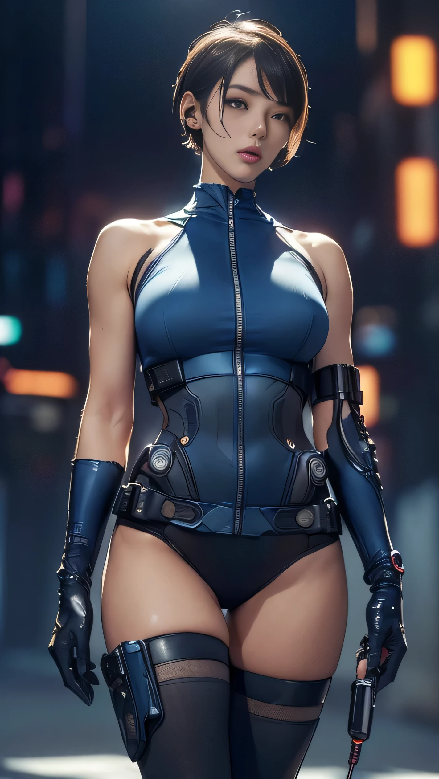 (A woman),(((A female member of the Future Force stands))),((Shiny dark blue tactical tights:1.5)),((earphone:1.5)),((Tactical Holster:1.5)),(Gloves:1.5),(Serious:1.5),(Super short hair:1.5),(beautiful eyes:1.3),(Very detailedな顔:1.5),((Very detailed drawing of a female hand:1.5)),(((muscular:1.5))),((Sexy appearance:1.5)),((Thick thighs:1.5)),(Beautiful Body:1.5),((Very sensual:1.5)),(The backdrop is a futuristic city:1.5),(Cyberpunk atmosphere:1.5),(((Blurred Background:1.5))),(Written border depth:1.5),rest(((masterpiece:1.5),(best quality:1.5),(Very detailed:1.5),(high resolution:1.5),(Practical:1.5),(Practical:1.5),(Delicate depiction),(Carefully drawn))),8k,wallpaper