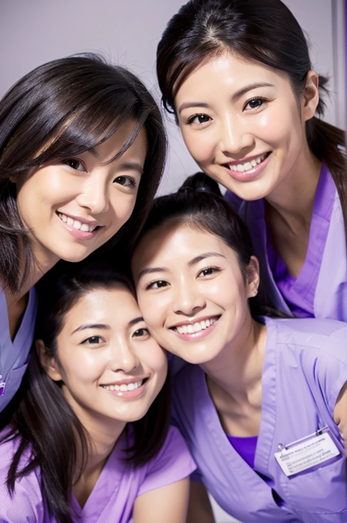 Dental hygienists, two women, smiling, all wearing light purple medical scrubs, short sleeves, Japanese, black hair, women in their early 30s Upper body close-up high resolution Highest quality Don't press your face too much Shooting outside Harmony々 No accessories included