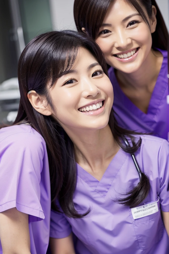 Dental hygienists, two women, smiling, all wearing light purple medical scrubs, short sleeves, Japanese, black hair, women in their early 30s　Upper body close-up　high resolution　Highest quality　　Don&#39;t press your face too much　Shooting outside　Harmony々　No accessories included
