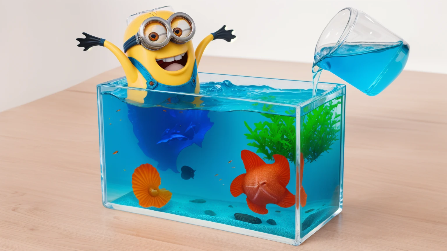on a wooden table, there is a glass aquarium with blue water, a minion sitting in an aquarium, plastic red starfish in the aquarium, orange plastic shell and plastic green algae . water is poured from a measuring cup into an aquarium, against the background of the kitchen .beautiful lighting, Beautiful sunlight, realistic style , realistic texture, detailed texture, a high resolution, high quality, ultra hd 4k