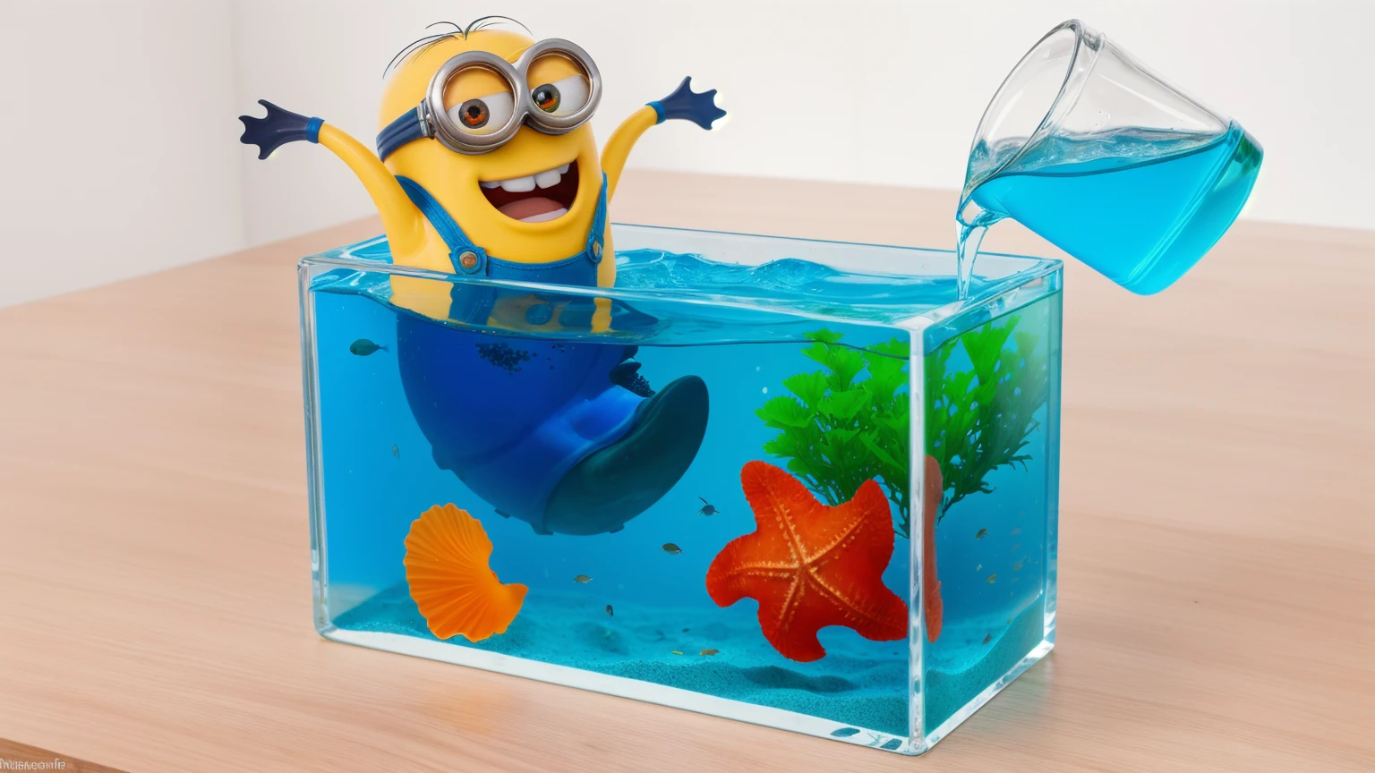 on a wooden table, there is a glass aquarium with blue water, a minion sitting in an aquarium, plastic red starfish in the aquarium, orange plastic shell and plastic green algae . water is poured from a measuring cup into an aquarium, against the background of the kitchen .beautiful lighting, Beautiful sunlight, realistic style , realistic texture, detailed texture, a high resolution, high quality, ultra hd 4k 