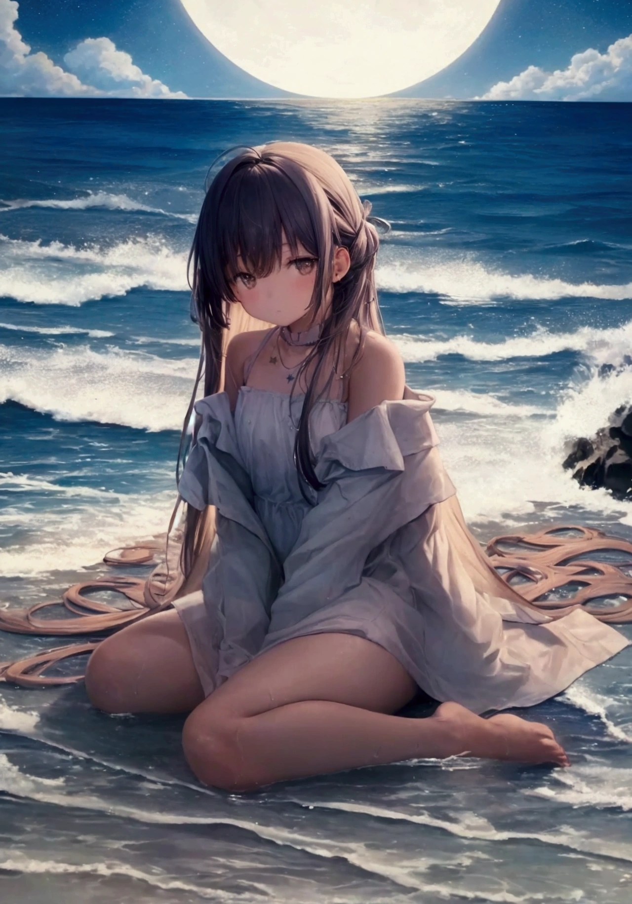 lofi image,A serene night scene at the seaside with a 20 year old girl sitting on the sand, gazing at a star-filled sky. The girl is in a contemplative mood, surrounded by the gentle waves of the ocean. The stars are bright and numerous, creating a peaceful and reflective atmosphere. The scene should be illuminated by the soft glow of the moon, casting a gentle light on the girl and the waves.