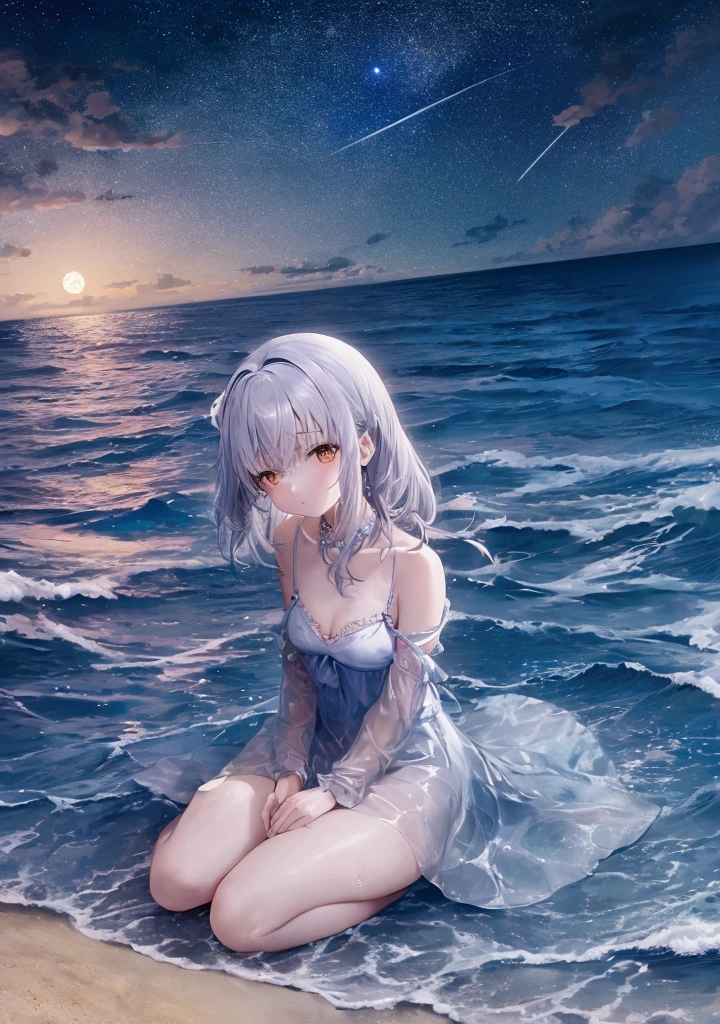lofi image,A serene night scene at the seaside with a 20 year old girl sitting on the sand, gazing at a star-filled sky. The girl is in a contemplative mood, surrounded by the gentle waves of the ocean. The stars are bright and numerous, creating a peaceful and reflective atmosphere. The scene should be illuminated by the soft glow of the moon, casting a gentle light on the girl and the waves.