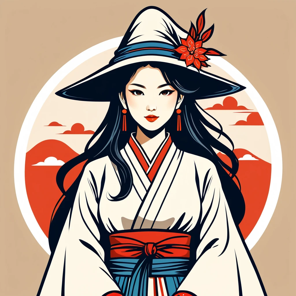 female mage in japan folk outfit, vector graphics, strong contours, logo design
