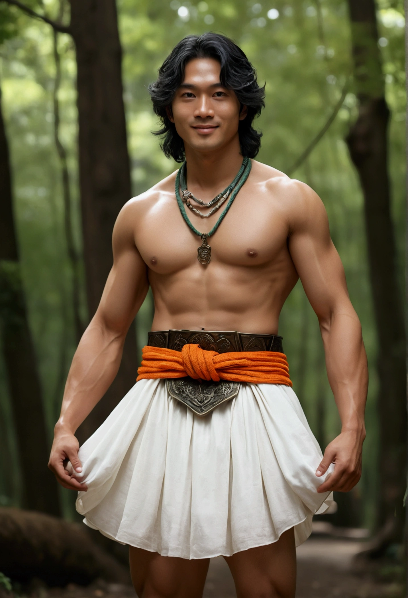 pose, posing, solo, strong, black armor, green rope, orange loincloth, (black shirt:0.382) ,orange tanktop, paw, 5 fingers, necklace, smile face, open eyes, autumn forest, highly detailed, masterpiece,(best quality), (extreme detailed illustration), good anatomy, (detailed CG), (bright eyes), stomach, abs, belly, (chubby:1), black hairs, barefoot, full body, (white skirt:1.1), orange loincloth, (intricate, high detail, film photography, soft focus, RAW candid cinema, photorealism, realistic, photorealistic, analog style, subsurface scattering, masterpiece, best quality, ultra realistic, 8k), (by canyne khai,by takemoto arashi), (yamato (tamacolle)), bulge,covered testicles