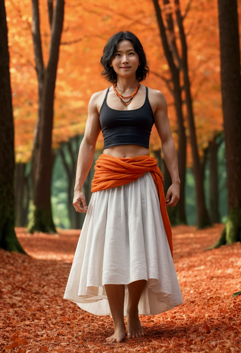 pose, posing, solo, strong, black armor, green rope, orange loincloth, (black shirt:0.382) ,orange tanktop, paw, 5 fingers, necklace, smile face, open eyes, autumn forest, highly detailed, masterpiece,(best quality), (extreme detailed illustration), good anatomy, (detailed CG), (bright eyes), stomach, abs, belly, (chubby:1), black hairs, barefoot, full body, (white skirt:1.1), orange loincloth, (intricate, high detail, film photography, soft focus, RAW candid cinema, photorealism, realistic, photorealistic, analog style, subsurface scattering, masterpiece, best quality, ultra realistic, 8k), (by canyne khai,by takemoto arashi), (yamato (tamacolle)), bulge,covered testicles