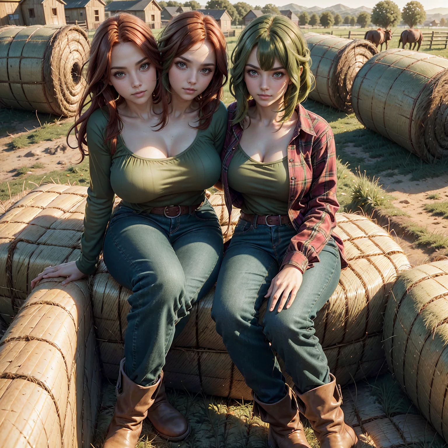 (masterpiece:1.3), (8k, photorealistic, RAW photo, best quality: 1.4), (1girl), beautiful face, (realistic face), (red hair, long flowing hair:1.3), (2girl) (green hair, wavy Bob haircut:1.3), beautiful hairstyle, realistic eyes, beautiful detailed eyes, (realistic skin), beautiful skin, (wearing flannel shirt, jeans, cowboy boots), absurdres, attractive, ultra high res, ultra realistic, highly detailed, golden ratio, (two heads), sitting on a hay bale, farmyard, golden hour,