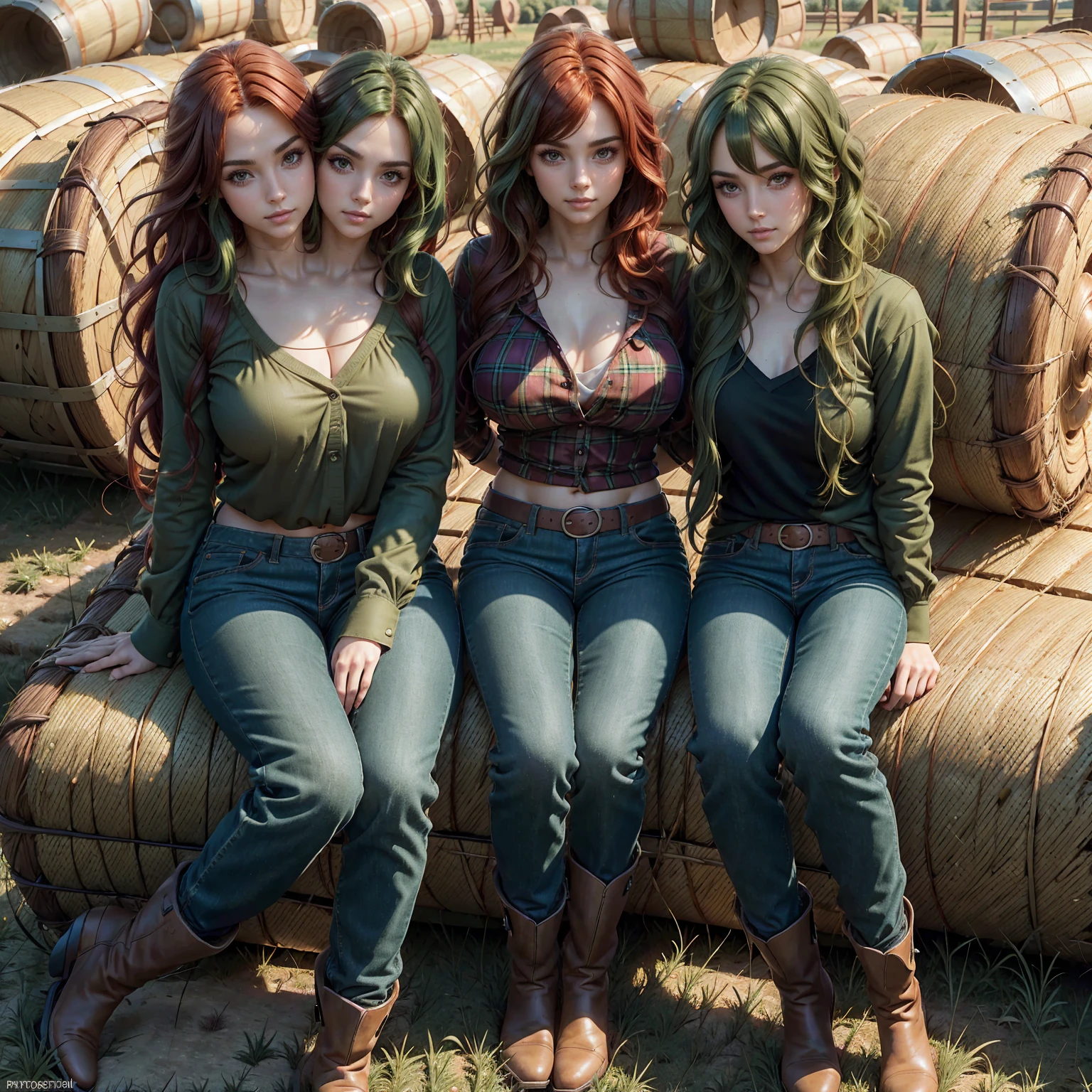 (masterpiece:1.3), (8k, photorealistic, RAW photo, best quality: 1.4), (1girl), beautiful face, (realistic face), (red hair, long flowing hair:1.3), (2girl) (green hair, wavy Bob haircut:1.3), beautiful hairstyle, realistic eyes, beautiful detailed eyes, (realistic skin), beautiful skin, (wearing flannel shirt, jeans, cowboy boots), absurdres, attractive, ultra high res, ultra realistic, highly detailed, golden ratio, (two heads), sitting on a hay bale, farmyard, golden hour,