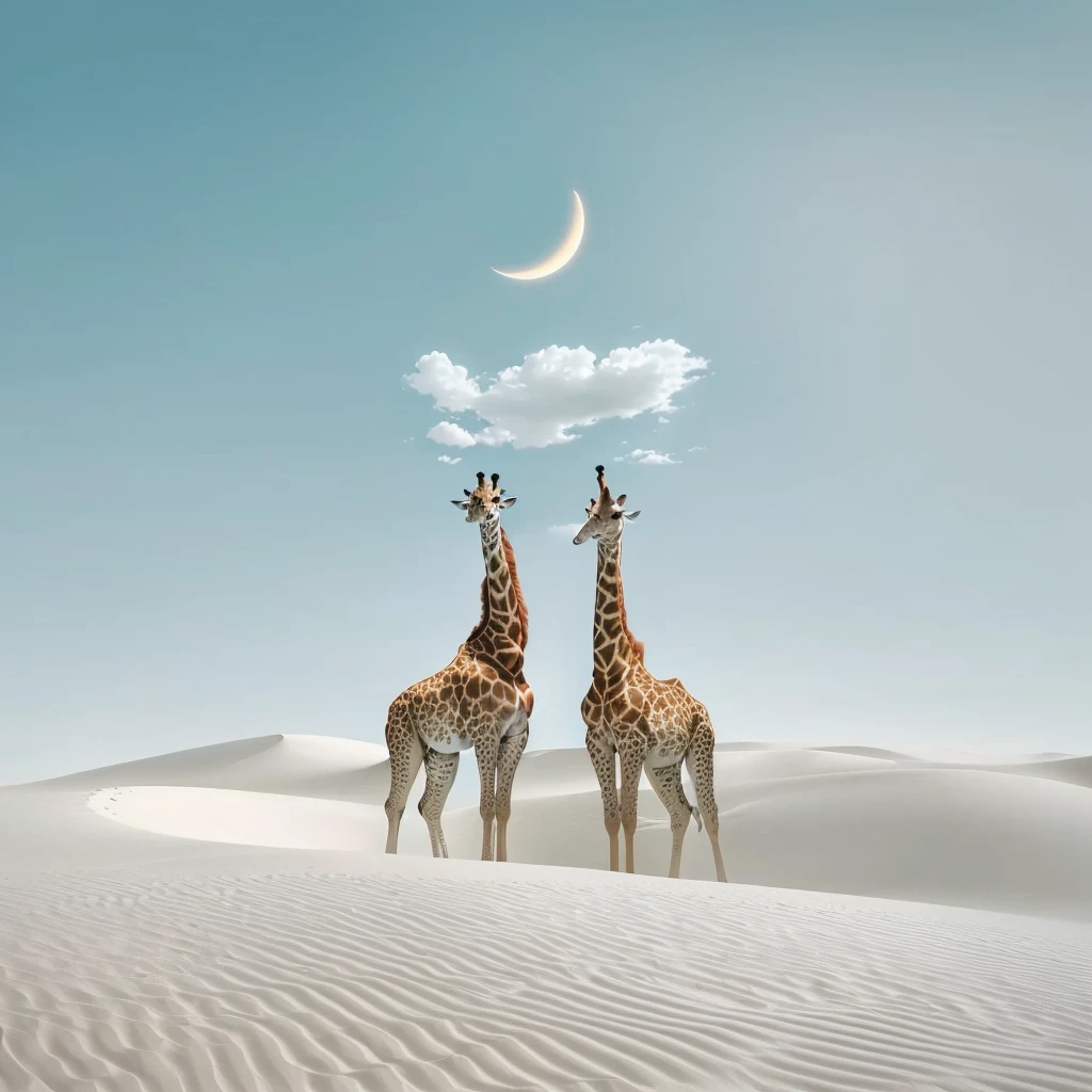 there are two giraffe standing in the sand with a crescent in the sky, Surrealism art, Surrealism photography, perfectly realistic yet Surrealism, Surrealismist photography, very very Surrealism, whimsical Surrealismism, dreamlike Surrealismism, Surrealism style, Surrealism dreamy poetic, Surrealism hybrid animals, Surrealismism aesthetic, Surrealism composition, Surrealism photo, Surrealism design, Surrealism!!!, giraffe, Surrealism illustration