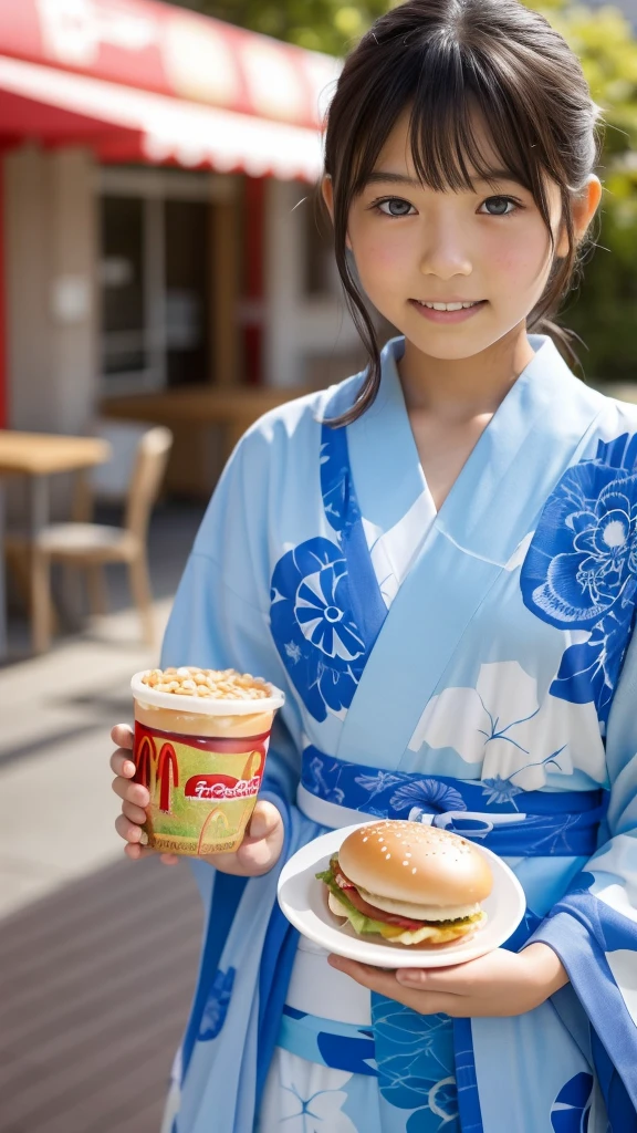 girl Japanese Light blue yukata Realistic Skin eating McDonald's Big Mac