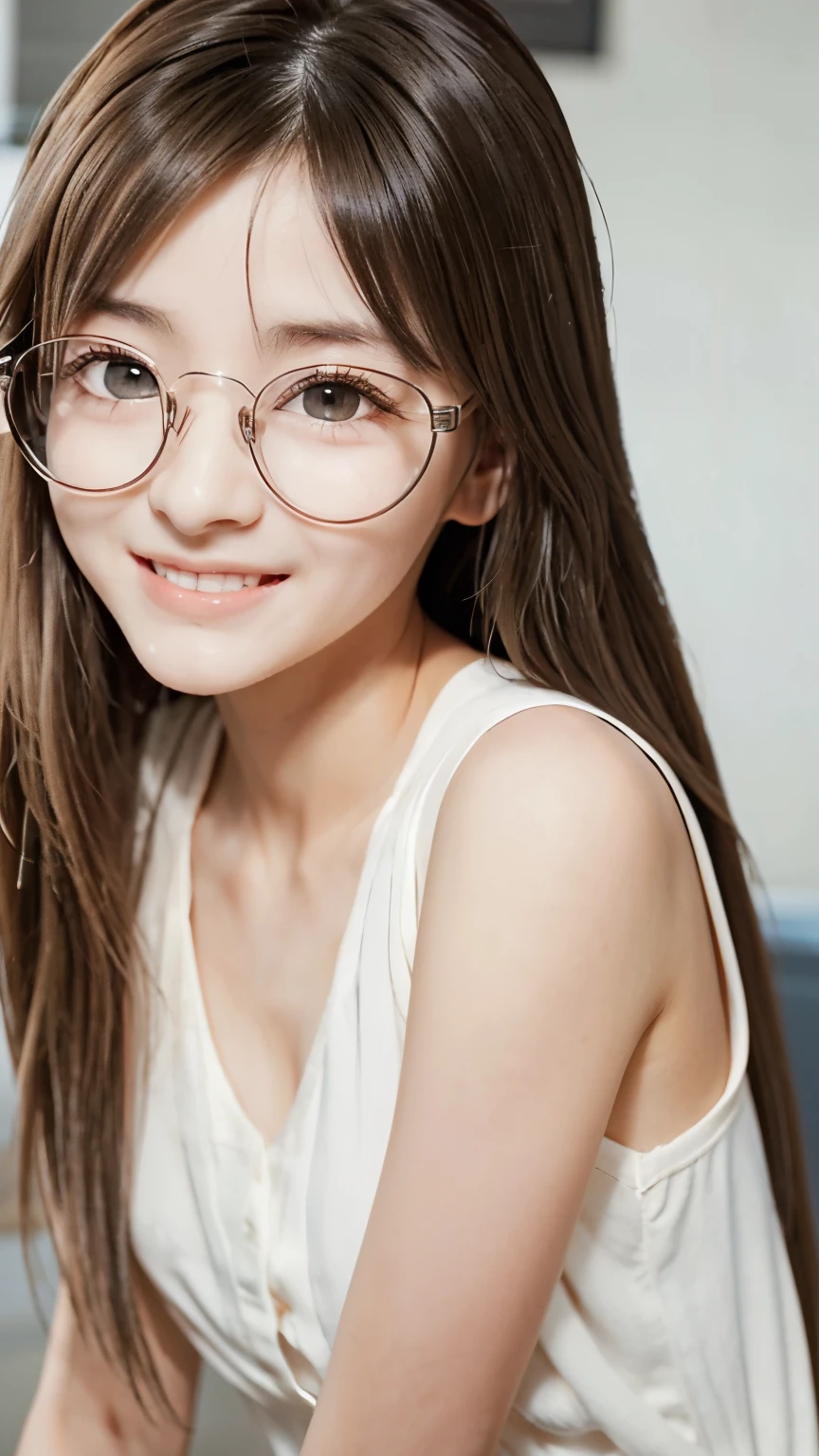 (Brown eyes:1.48)、(Classy model 1:.48)、(high resolution:1.48)、(17 years old:1.48)、(Very big eyes:1.48)、(Clear skin:1.48)、(Shyly laughing 1:.48)、(Frameless Glasses:1.48)