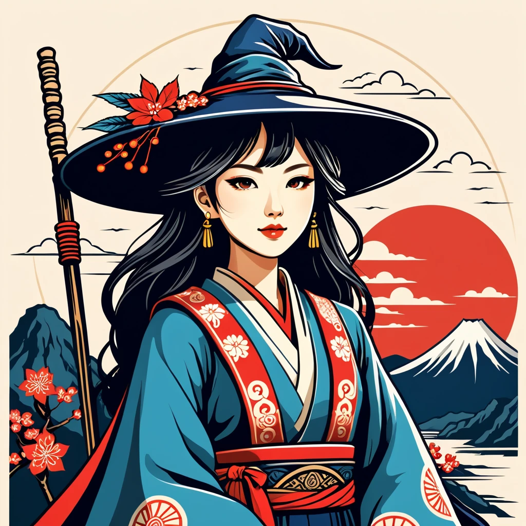female wizard in japan folk outfit, vector graphics, strong contours, logo design
