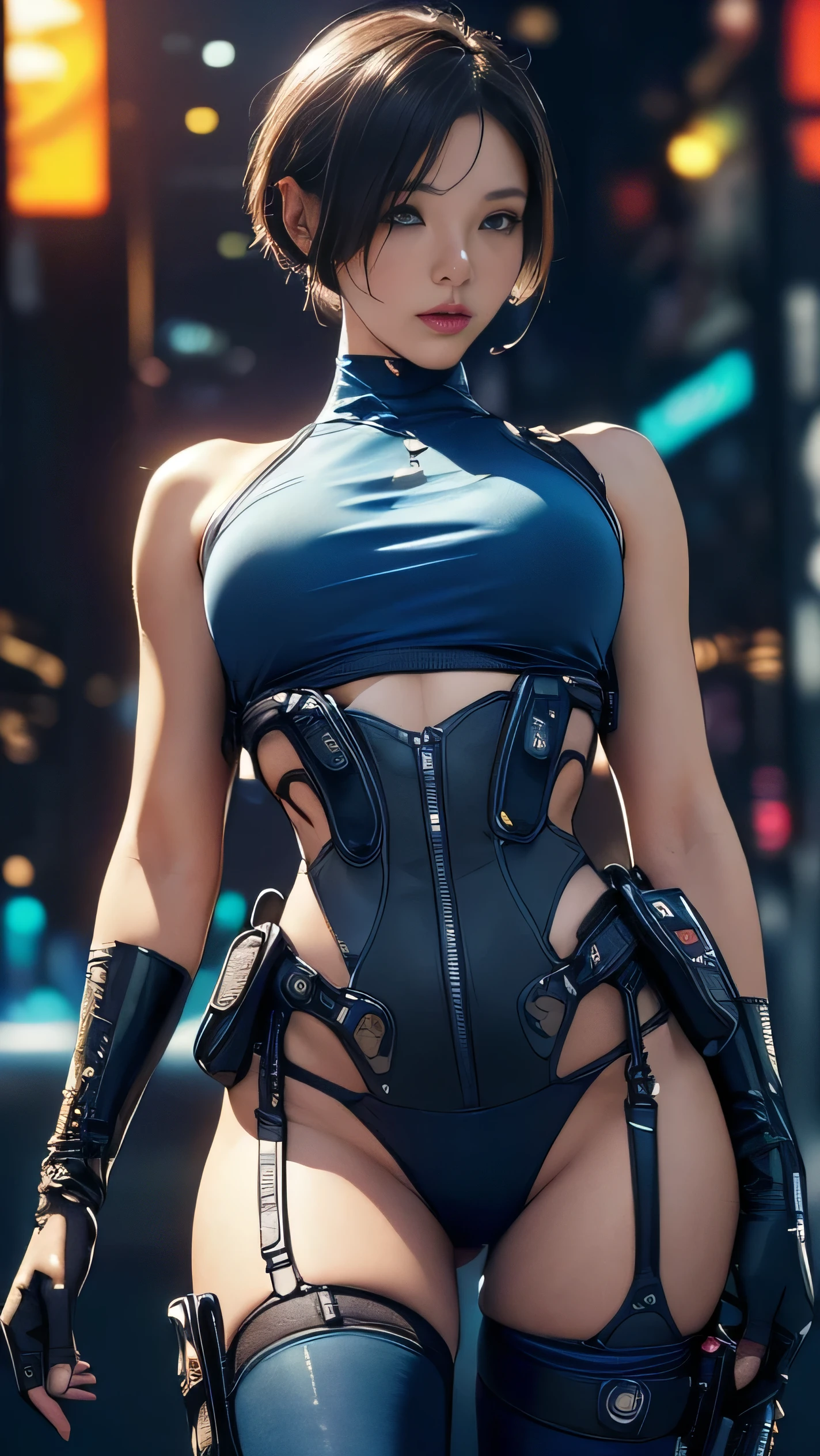 (A woman),(((A female member of the Future Force stands))),((Shiny dark blue tactical tights:1.5)),((earphone:1.5)),((Tactical Holster:1.5)),(Gloves:1.5),(Serious:1.5),(Super short hair:1.5),(beautiful eyes:1.3),(Very detailedな顔:1.5),((Very detailed drawing of a female hand:1.5)),(((muscular:1.5))),((Sexy appearance:1.5)),((Thick thighs:1.5)),(Beautiful Body:1.5),((Very sensual:1.5)),(The backdrop is a futuristic city:1.5),(Cyberpunk atmosphere:1.5),(((Blurred Background:1.5))),(Written border depth:1.5),rest(((masterpiece:1.5),(best quality:1.5),(Very detailed:1.5),(high resolution:1.5),(Practical:1.5),(Practical:1.5),(Delicate depiction),(Carefully drawn))),8k,wallpaper