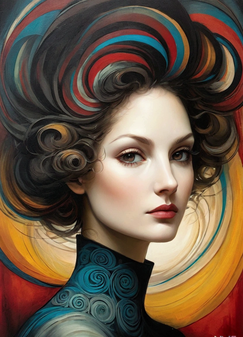 Imitating Alex Howitt (Alex Howitt) style of,style of santiago caruso,Abstract painting of a woman, Colorful swirls on the face, portrait, Beautiful and expressive,(masterpiece), (best quality), (Super Detail),