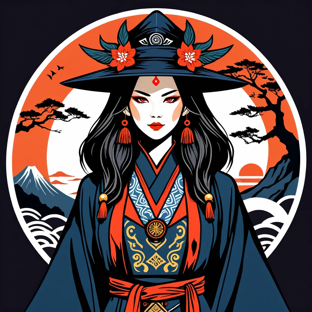 female warlock in japan folk outfit, vector graphics, strong contours, logo design