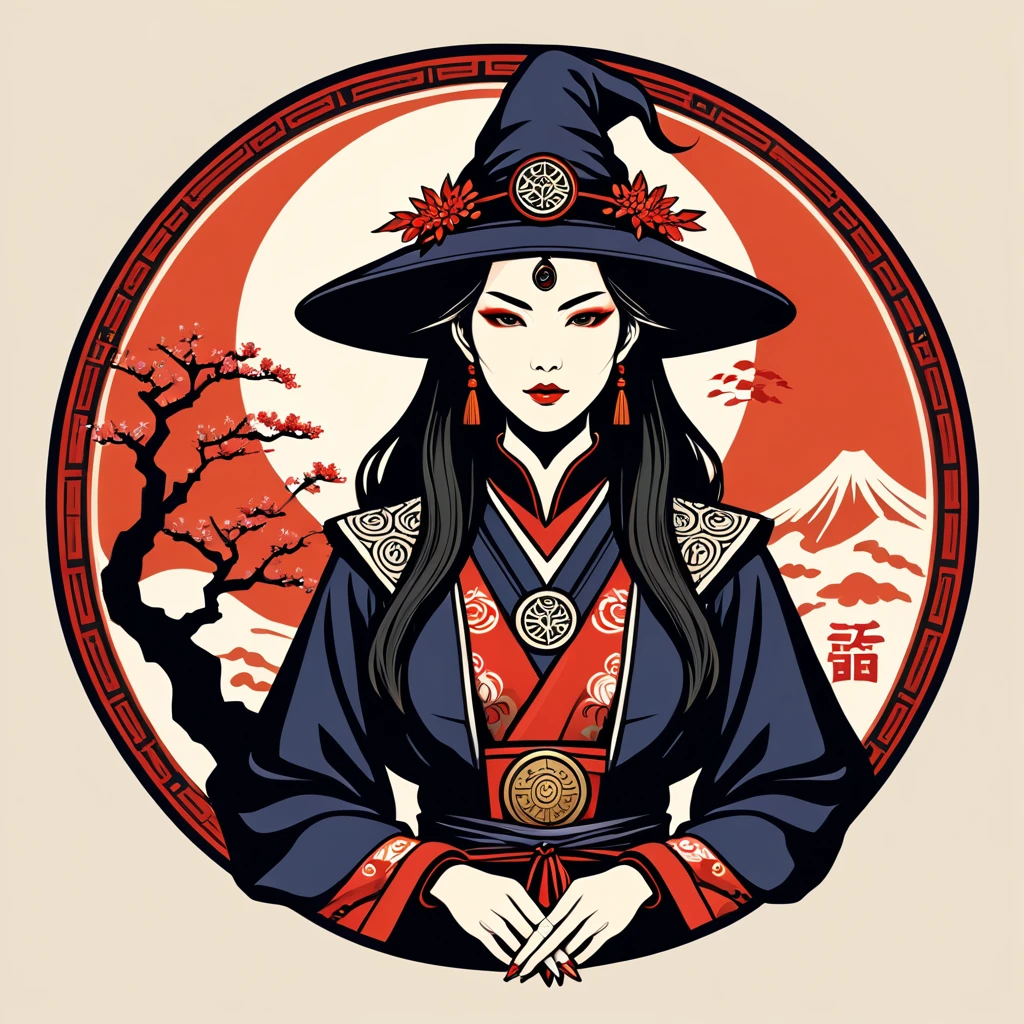 female warlock in japan folk outfit, vector graphics, strong contours, logo design
